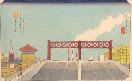 Pulaski Bridge, pencil, chalk, and watercolor on paper, 16 x 26"