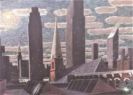 Streetlamp and Moon, chalk, 22 x 32"